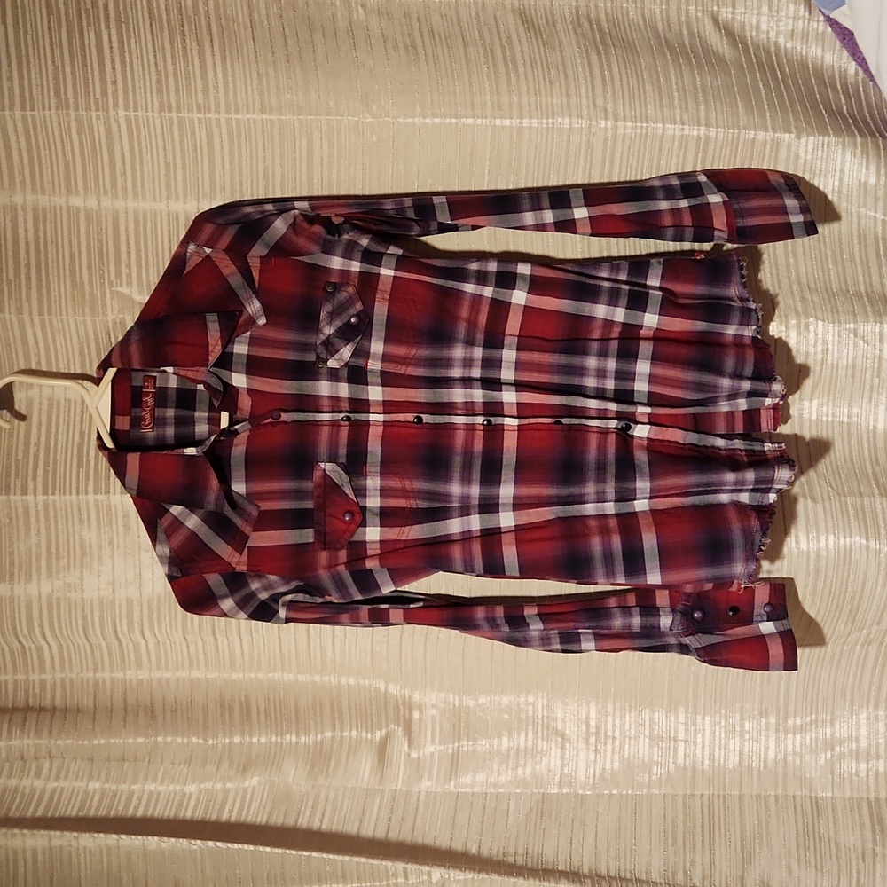Womens western pearl snap shirt, Cruel Girl sz small red and purple plaid